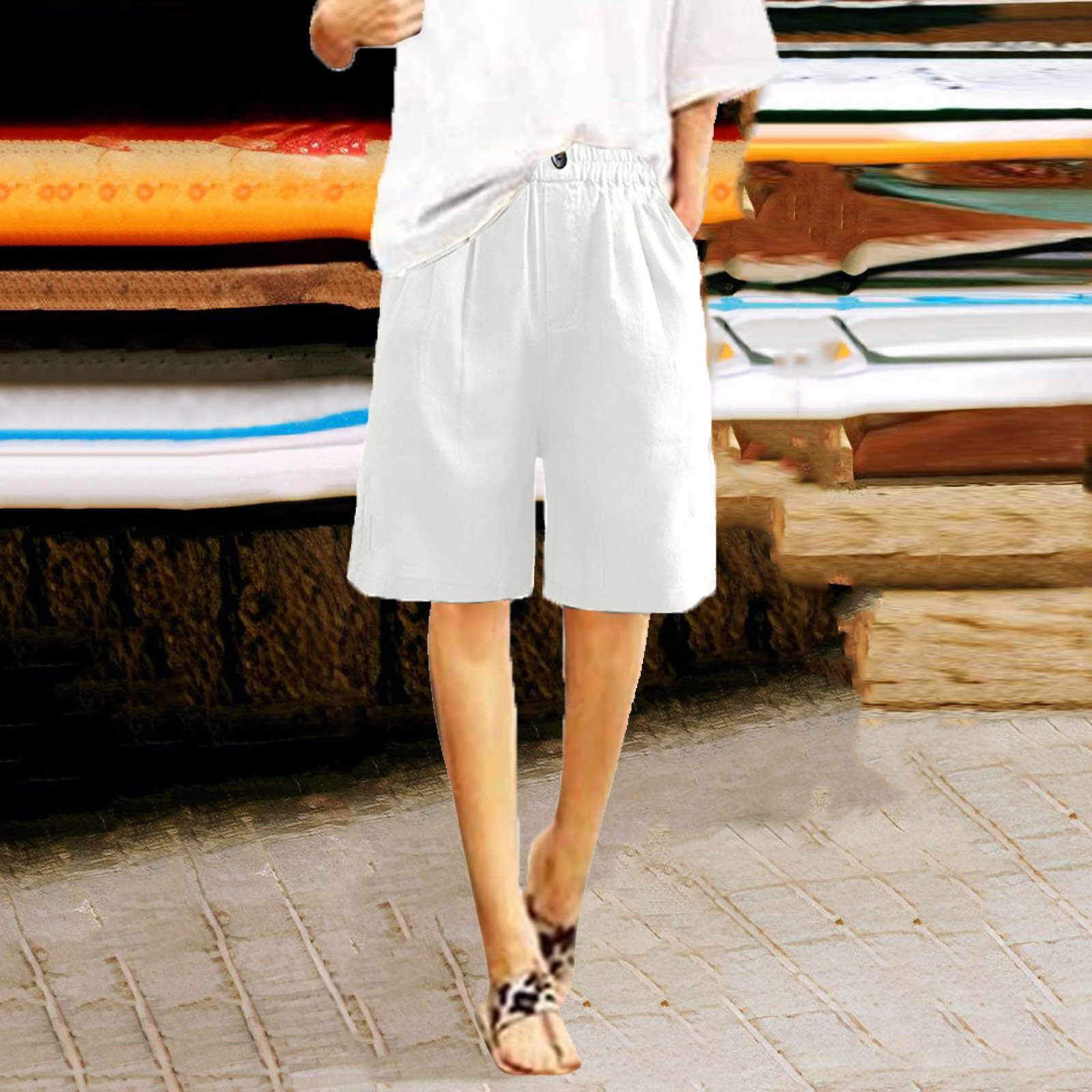 Linen Shorts for Women High Waisted Linen Dressy Casual Pleated Wide Leg Summer Shorts with Elastic Waist